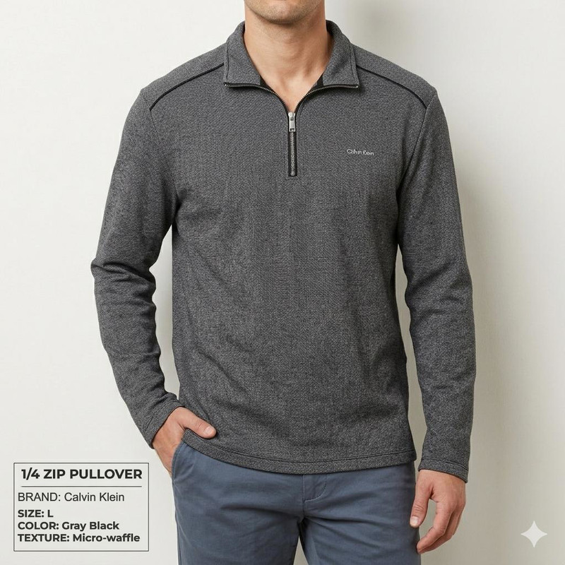 Calvin Klein Men’s Large Gray Black 1/4 Zip Pullover Cotton Blend Streetwear EUC