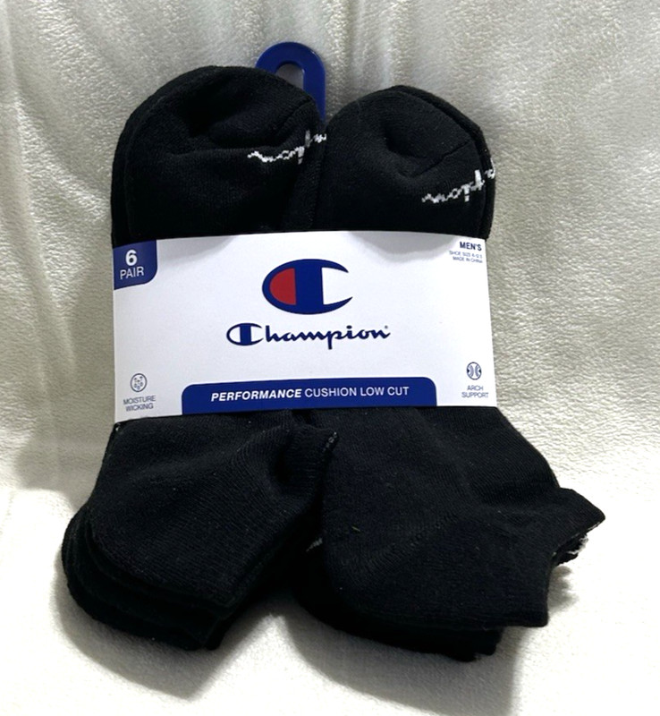 Champion Performance Cushion Low Cut Men’s Socks 6 Pair Size 6-12.5 Black (SC2)