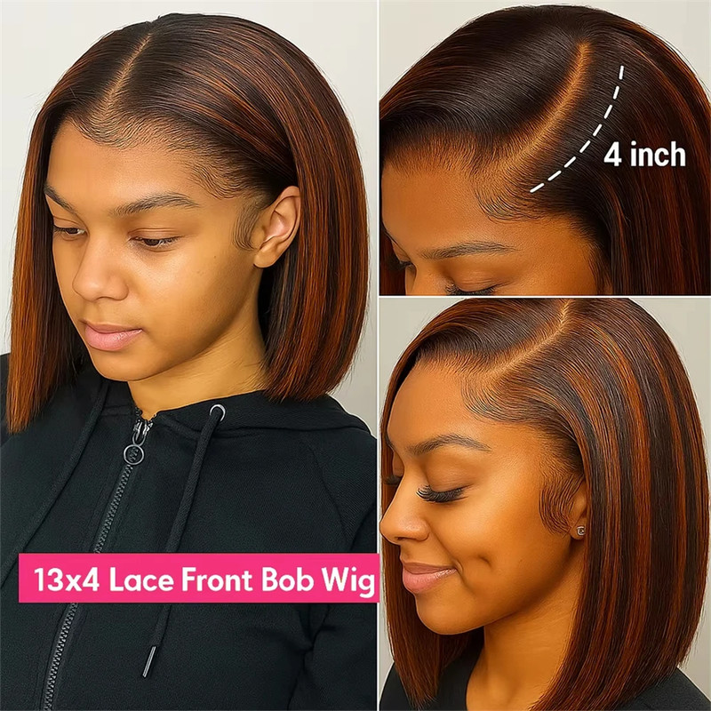 4/350 Highlight Bob Wig Human Hair 13x4 Lace Front Ginger Brown gallery