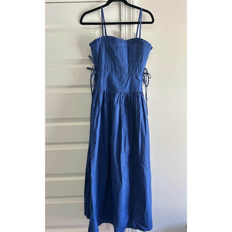 Moon River Blue Cotton Poplin Midi Dress Side Tie Smocked Back Sleeveless XS