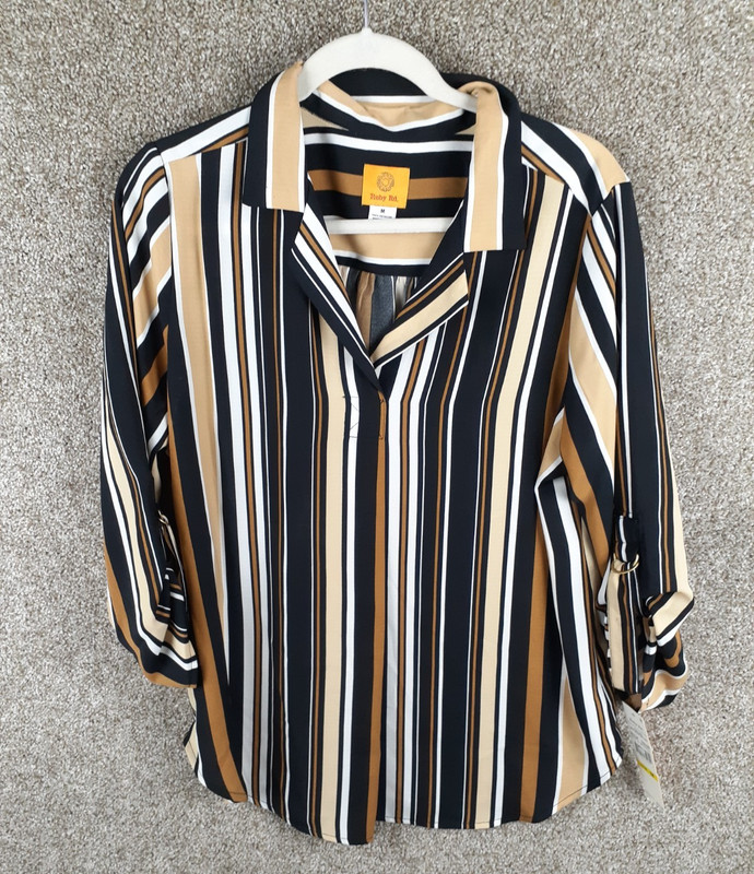 Ruby Rd Popover Collard Blouse Womens M Brown Black Stripe Roll Tab Sleeve NWT