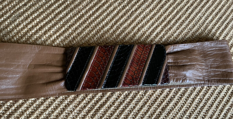 VINTAGE “ABBECREATION” BROWN LEATHER ADJ. BELT WITH MULTI COLOR LEATHER BUCKLE
