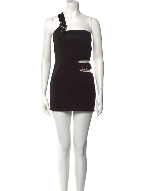 AREA NYC Black Crystal Buckle One Shoulder Cutout Mini Dress Size XS gallery