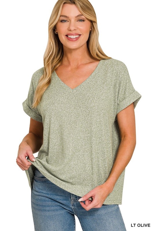 ZENANA – SOFT MELANGE HACCI V-NECK TEE – LIGHT OLIVE – S