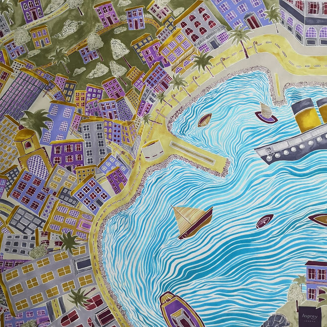 Asprey London Scarf Blue Seashore Town Illustration Collectible Humroll Silk 35″