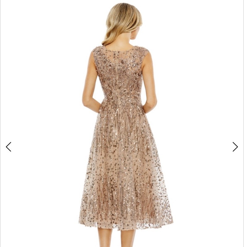 Mac Duggal 20398 Gold Sequin Lace Midi Cocktail Gown| 4 gallery