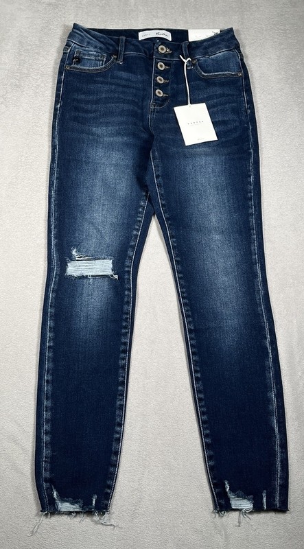 KanCan Curvy Skinny Jeans Women 5/26 Blue Distressed Exposed Button Fly *NWT