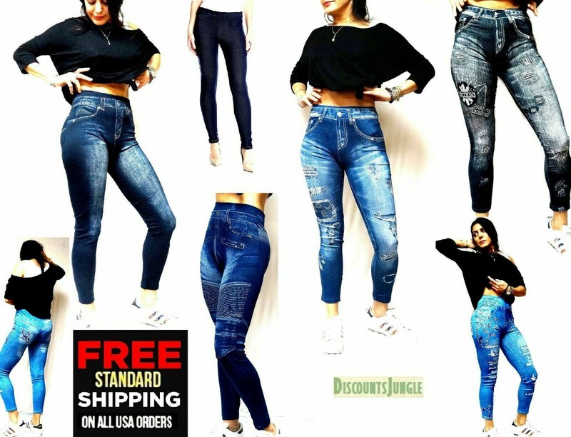 Classic Denim Jean Look Womens High Waisted Soft Leggings-one size Fits M/L