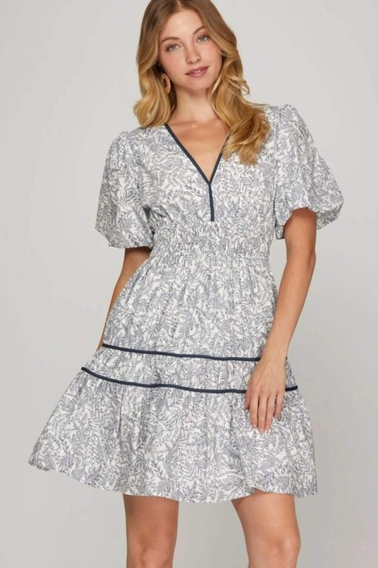 She + Sky 100% Cotton Floral V-Neck Puff Sleeve Ruffle A-Line Tiered Dress