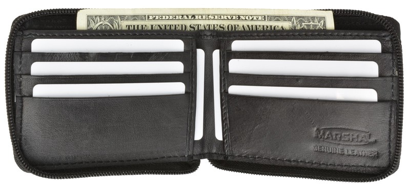 Mens Zip Around Bifold Wallet Genuine Leather Black Id Pocket Credit Card Window gallery