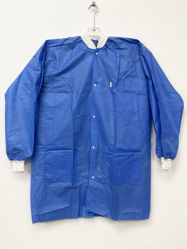 10 COUNT Blue Disposable Lab Coats SMS 40gsm Knit Cuffs 3 Pockets
