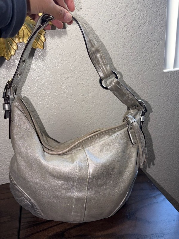 Coach Metallic Silver Leather Hobo Shoulder Bag with Tassel