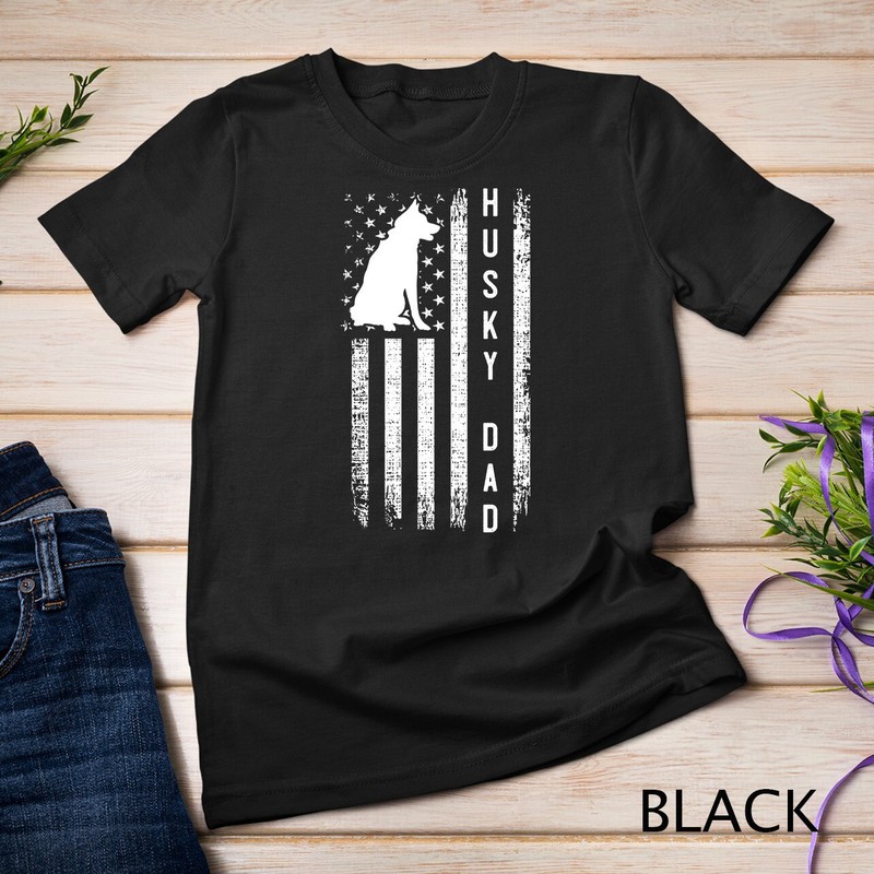 Mens Husky Lover Gift Siberian Husky Dad American Flag Dog Lover Unisex T-shirt