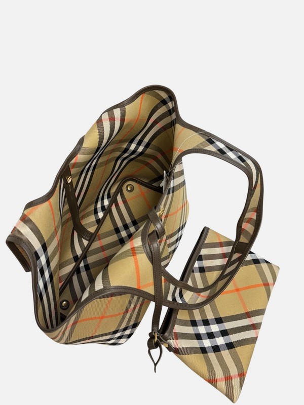Burberry Women's Beige Small Leather Canvas Check Shopping Tote Bag gallery