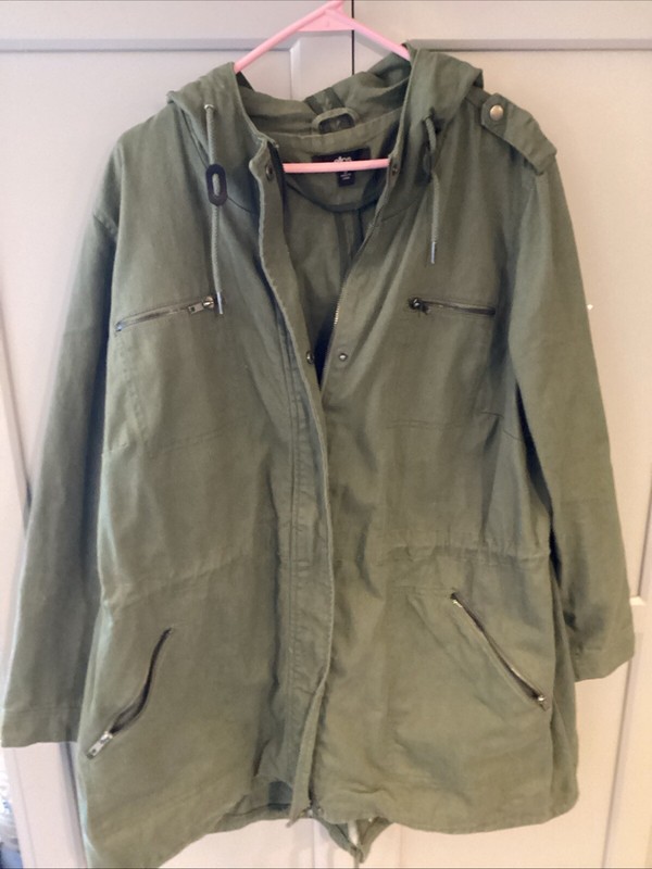 Ellos Cotton Hooded Anorak Snap Zip Drawstring Jacket Size 22 Army Green
