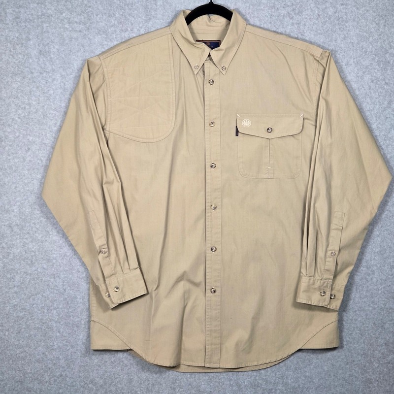 Beretta Mens Large Long Sleeve Shooting Shirt Tan Khaki Vented Padded Shoulder