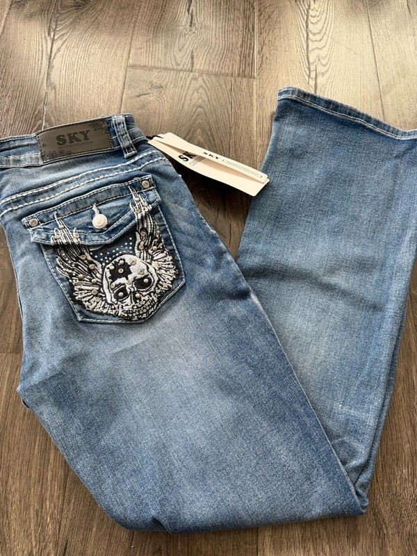 Sky Premium Collection Skull Wing Rhinestone Flare Jeans