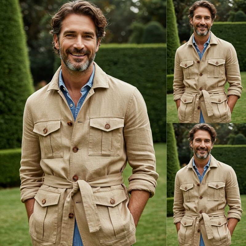 Linen Men’s Safari Jacket with Belt Beige Summer 4Pockets Beach Boho Coat Blazer