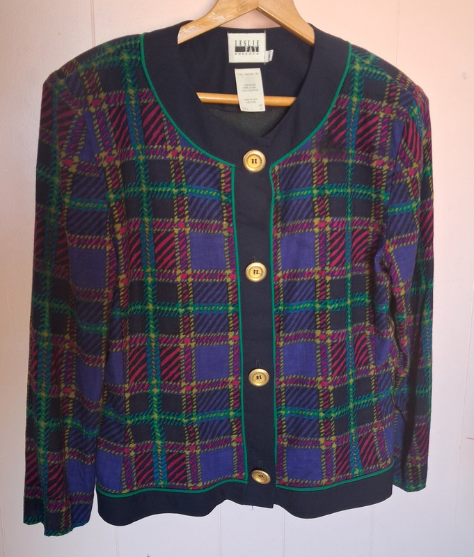 VTG 80s Leslie Fay Plaid BIG Shoulder Pads Short Jacket 16 *CHECK MEASUREMENTS