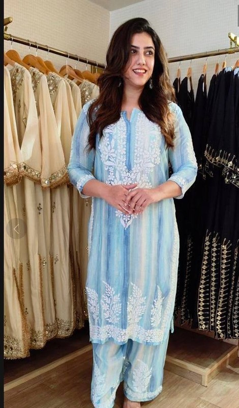 Sky Blue Rayon Kurta Palazzo Set Embroidered Ethnic Suit Summer Wear For Women gallery