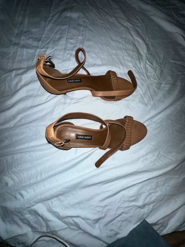 Nine West Toniann Tan Woven Ankle Strap Kitten Heel Sandals