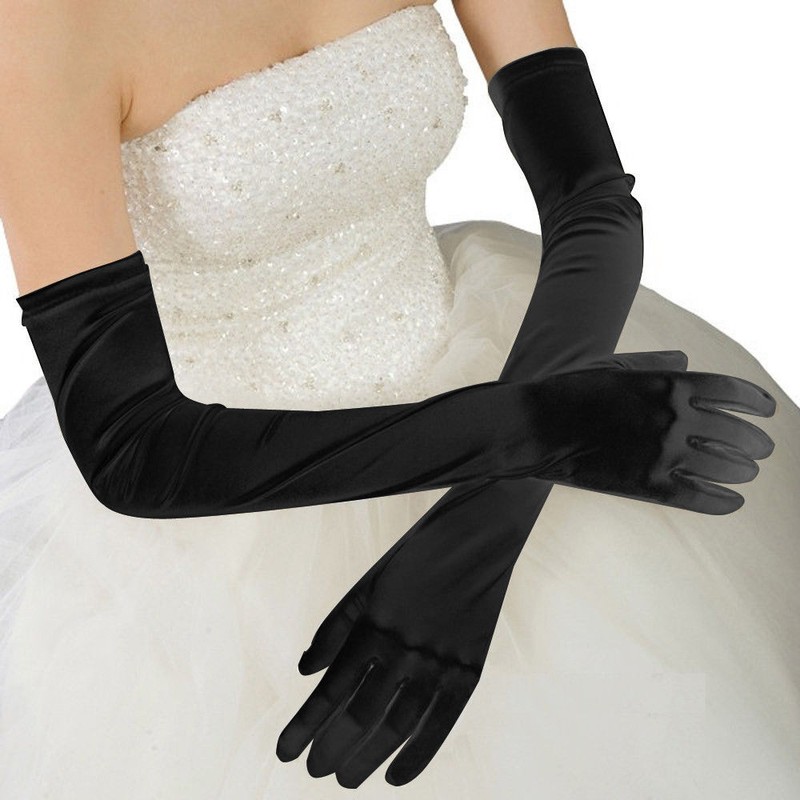 Long Opera Party 20s Satin Gloves Stretchy Adult Size Elbow Length Wedding Black