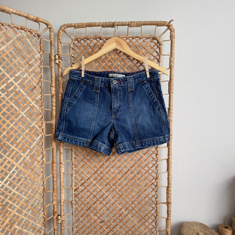 Vintage Y2K Tommy Hilfiger Dark Wash Denim Shorts Low Rise Structured Seam Detai