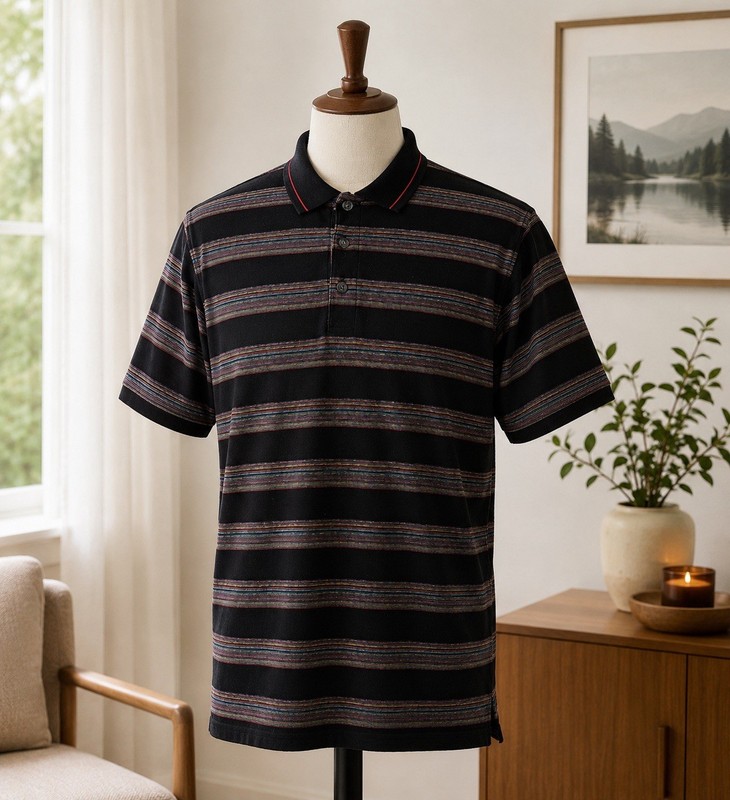 Vintage Textures Polo Shirt Mens LT Large Tall Black Multicolor Stripe USA