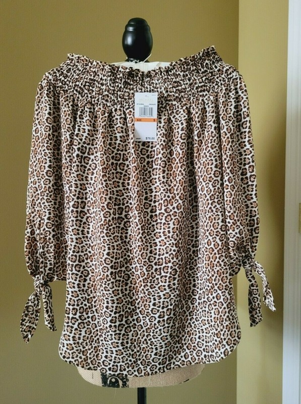 NWT $78 Michael Kors Leopard Off Shoulder Blouse Top 3/4 Tie Sleeves Size Small