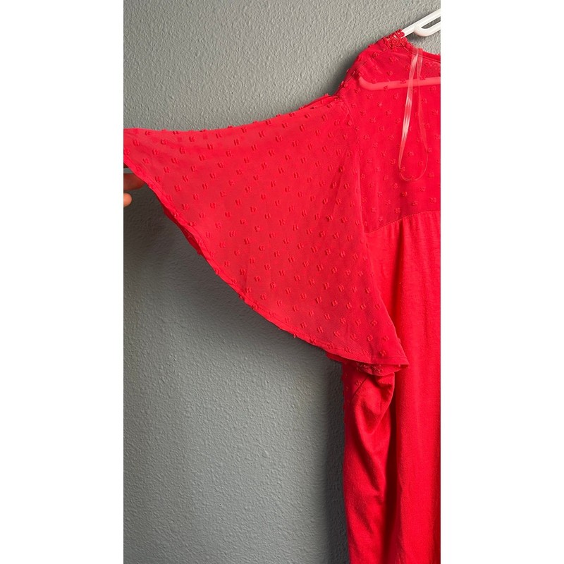 Naif Womens 3X Red Swiss Dot Boxy Crochet Lace V-Neck Flutter Sleeve Blouse gallery