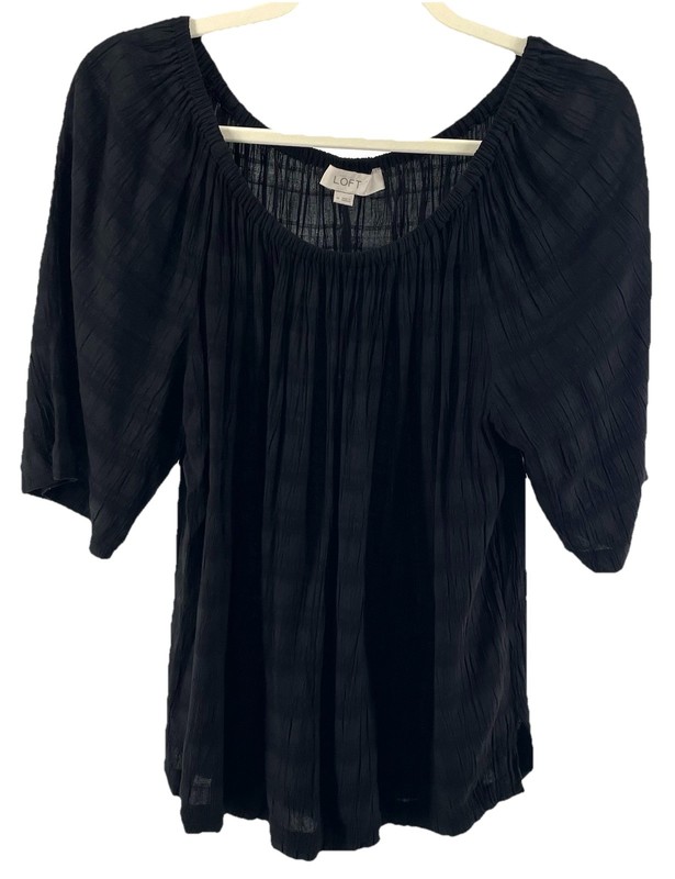 LOFT Black Boho Peasant Top Medium Textured Rayon Cottagecore Flutter Sleeve