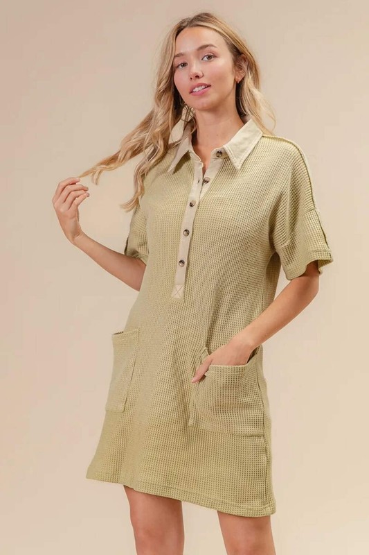 BiBi Dip Dye Mineral Washed Knit Sage Collared Button Pocket Shirt Mini Dress