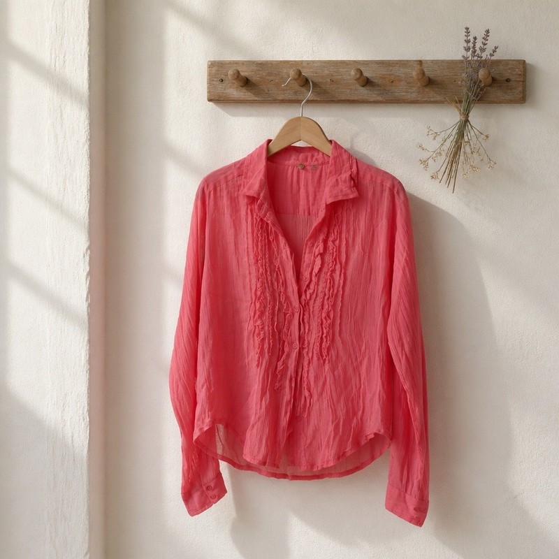 Free People FP One Coral Pink Ruffle Front Gauze Button Down Shirt Womens Small