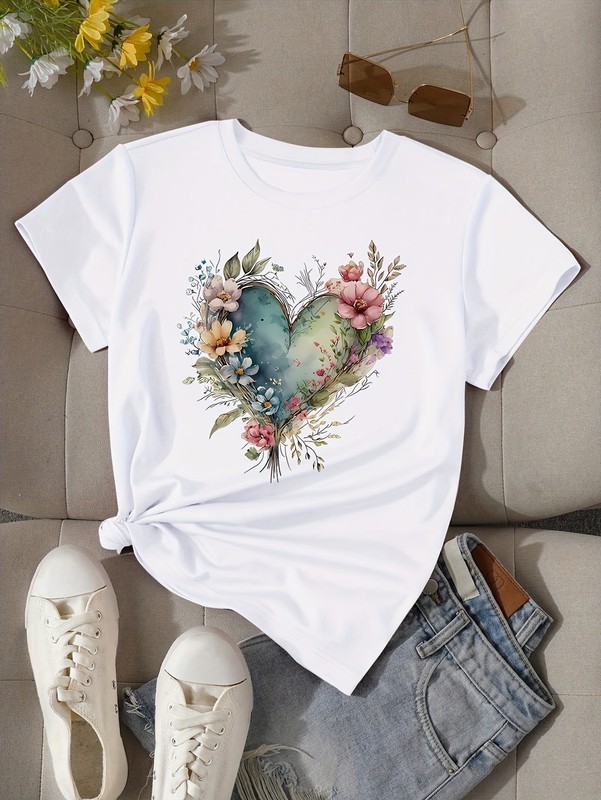 Watercolor Floral Heart Graphic Tee – Aesthetic Nature-Inspired Boho T-Shirt