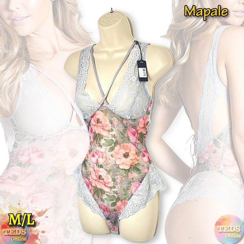 NWT Mapale Women’s M/L Blossom Low Back Teddy Bodysuit 8349, Shoreline Gray