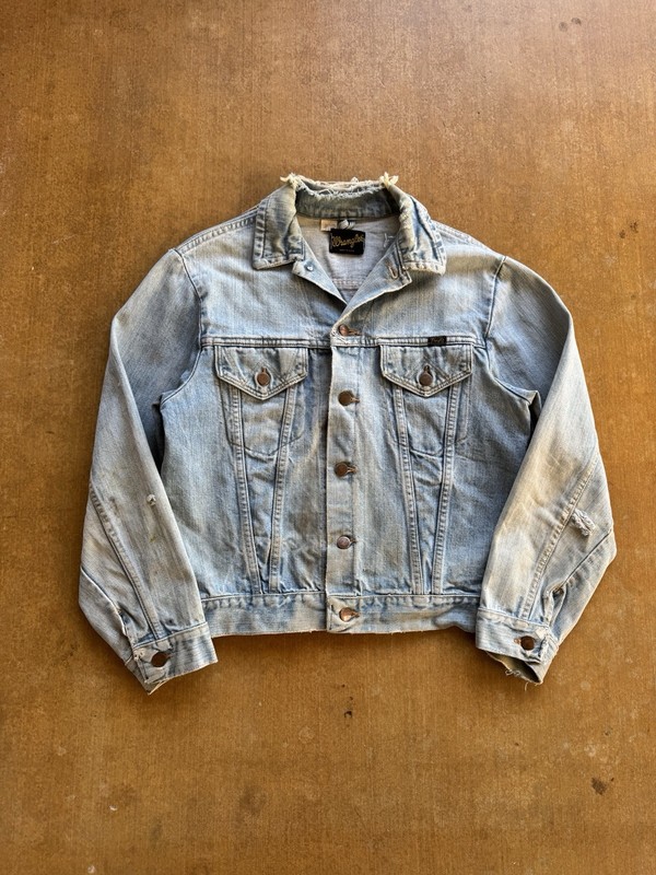 VTG 70s Wrangler Light Wash Distressed 124MJ Trucker Cowboy Denim Jean Jacket (M