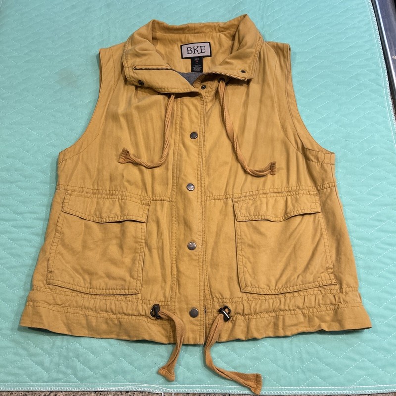 BKE Women’s Old Gold Vest Zip & Snap front Draw String Cotton Large EUC