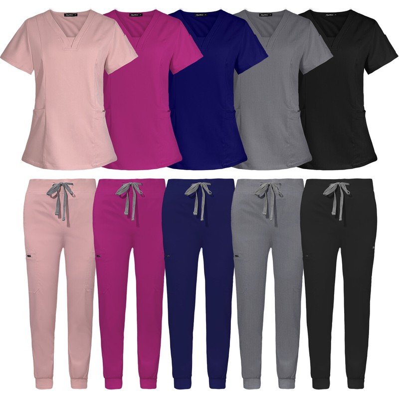 Women Stretch Jogger Scrub Sets Medical Nurse Uniform V-Neck Tops Cargo Pants