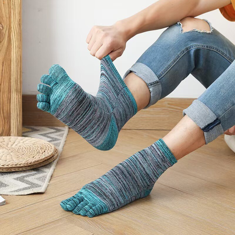 5Pack Men Crew Five Finger Toe Striped Design Solid Sport Calf Cotton Work Socks gallery