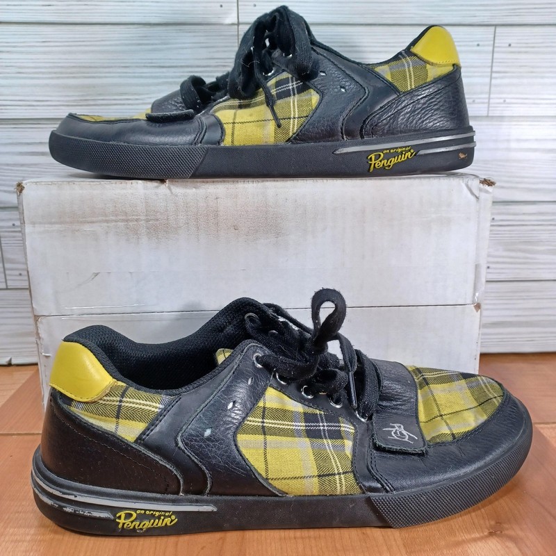 Original Penguin Moby Lo Shoes Mens 10.5 Black Yellow Plaid Leather PML0103-1