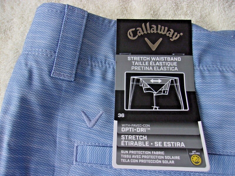 NWT Callaway polyester golf shorts, men’s 34, $78, 9 in. ins., blue, lines