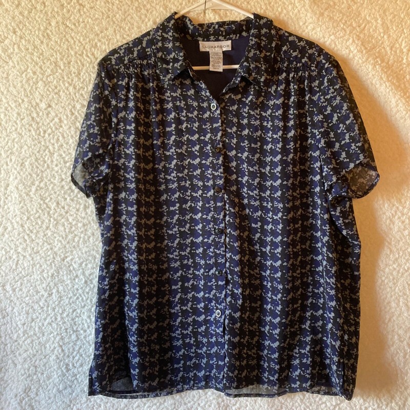 Sag Harbor Womens 7 button Blouse XL Blue Patterned Lined Sheer Short Sleeves