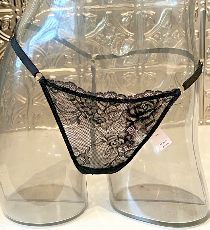 Victoria’s Secret Rose Lace Adjustable V-STRING THONG Panty Sz M BLACK NWT