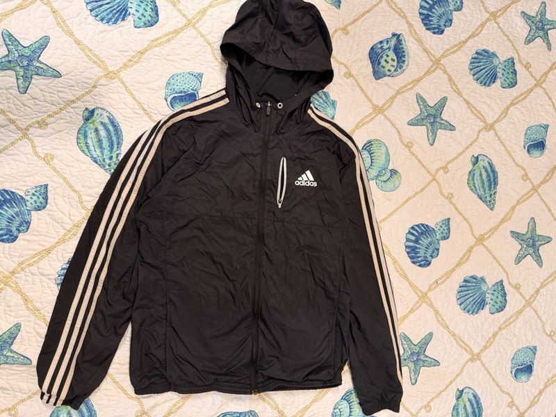 adidas Men’s Hooded Windbreaker Jacket Full Zip Pockets Polyester Black M