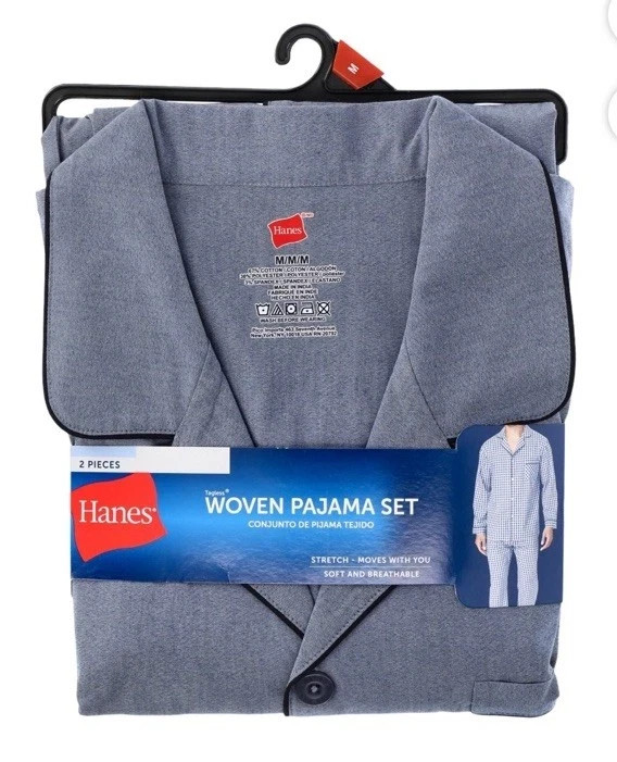 Hanes Men Stretch Woven Long Sleeve Shirt & Pants PJ Set Solid Or Plaid In Blue