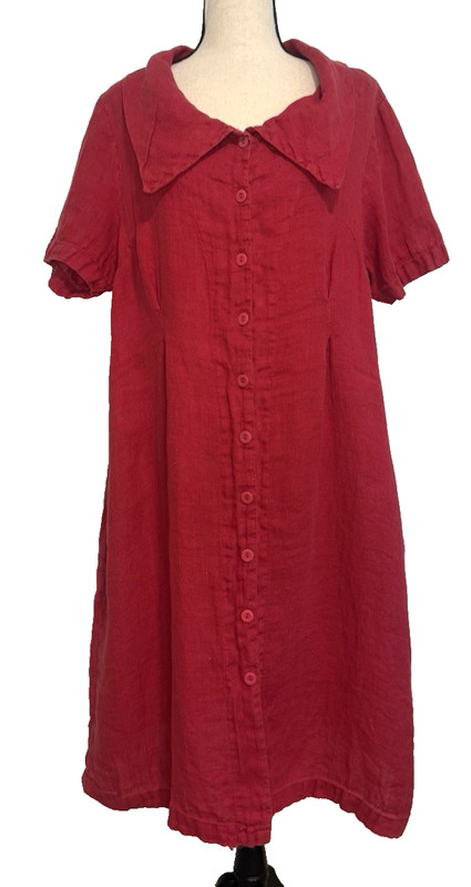 Flax Linen Dress Short Sleeve Pockets Red Oversized Dress Midi Sz Med Minimalist