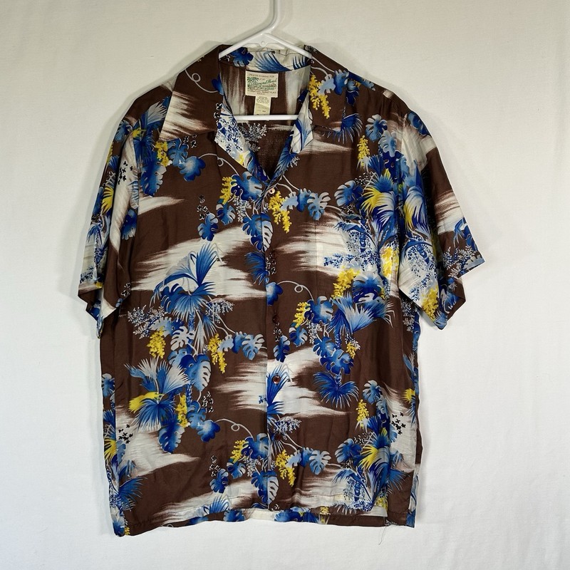 Vintage Diamond Head Sportswear Hawaiian Aloha Shirt Rayon Brown Blue Size L