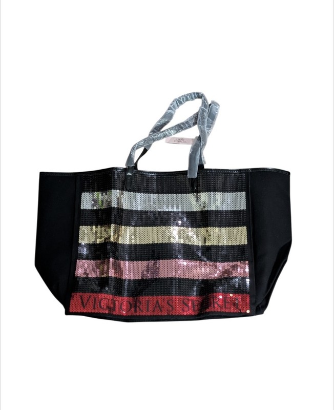 NEW Victorias Secret Large Sequin Tote Bag Black Colorful Stripe Bling Weekender