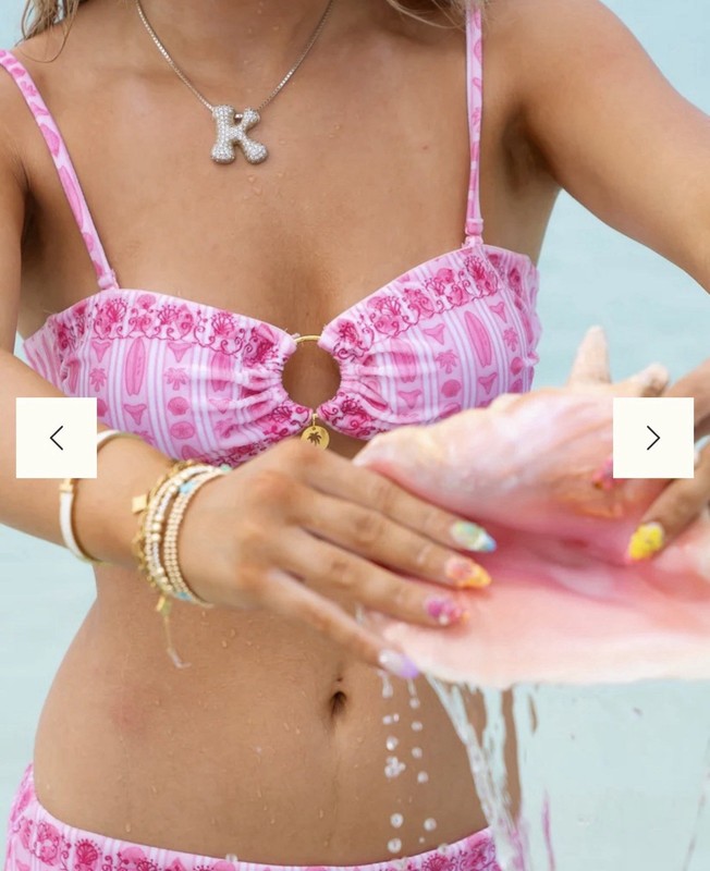 PINK Palm Puff XS Pink/White Graphic 2-Piece Bandeau Bikini, Adjustable Straps gallery