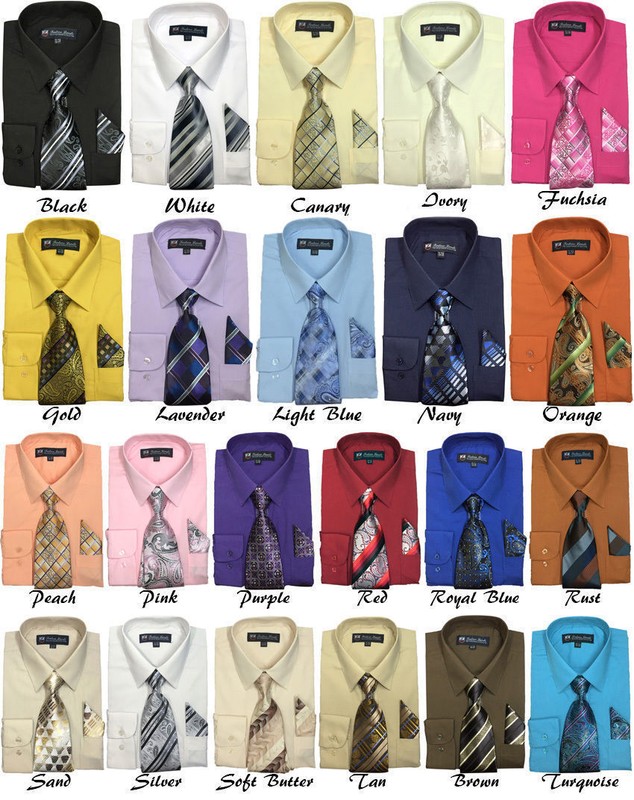 Men’s Cotton Blend Dress Shirt with Tie and Handkerchief 22 different colors 21B